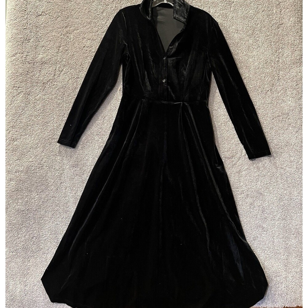 Velvet Dress Womens Small Black Long Sleeve Collared Button Front Maxi